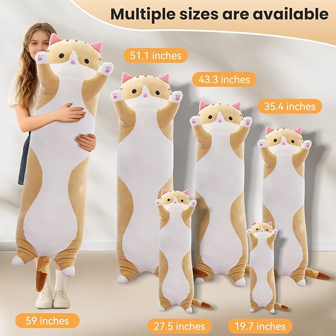 Cute Cat Plush Long Body Pillow – Soft Cartoon Stuffed Animal Doll, Kawaii Cat Plushie Cuddle Toy for Kids, Girls & Girlfriend (Brown, 19.7 Inch)