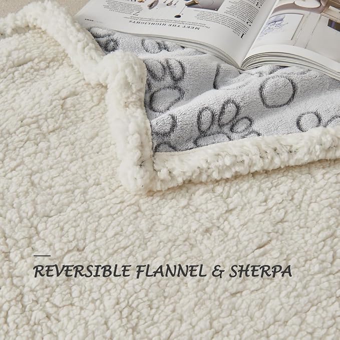 Qeils Dog Blankets for Small Dogs - Waterproof Pet Blanket Washable - Sherpa Fleece Puppy Blanket, Soft Plush Reversible Dog Blanket for Bed Couch Car Sofa, 30"X40", Grey Paw Print
