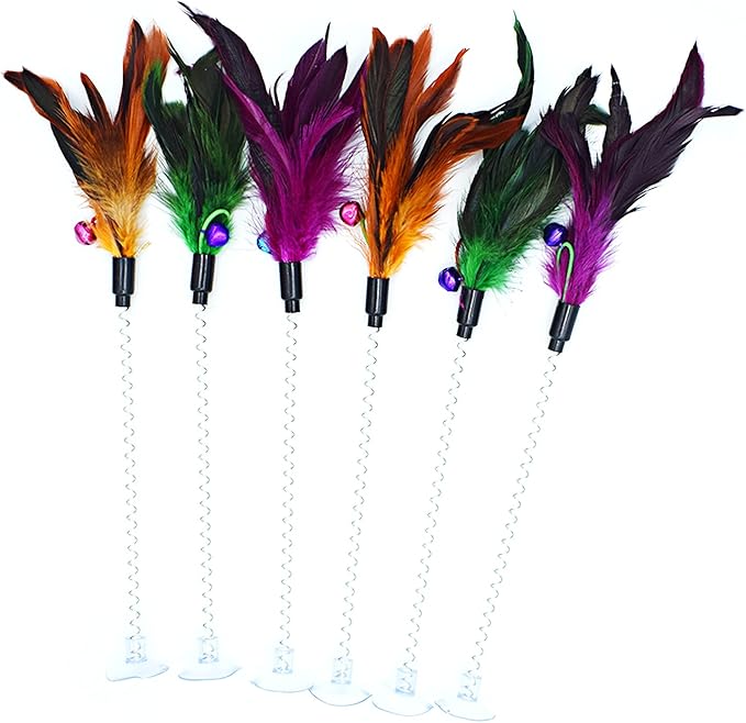 IUHKBH Cat Feather Wands, 6 PCS Spring Cat Teaser Wands with Bell Self Play Feather Toys Interactive Kitten Wand