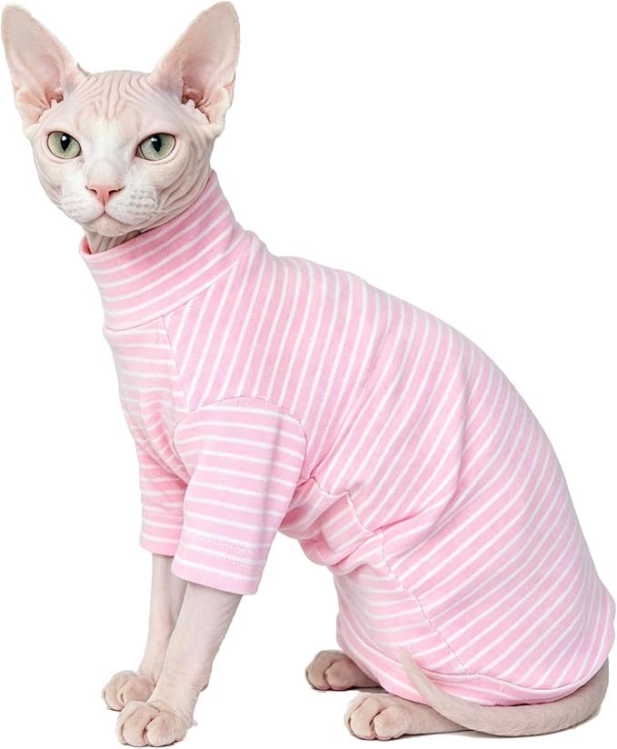Sphynx Cat Clothes for Cats Only, Narrow Striped Sphynx Shirt Clothes T-Shirts Sweatshirt with Sleeves, Soft Kitten Sphinx Clothes Pet Apparel Devon Rex,Cornish Rex,Peterbald,Pink,S