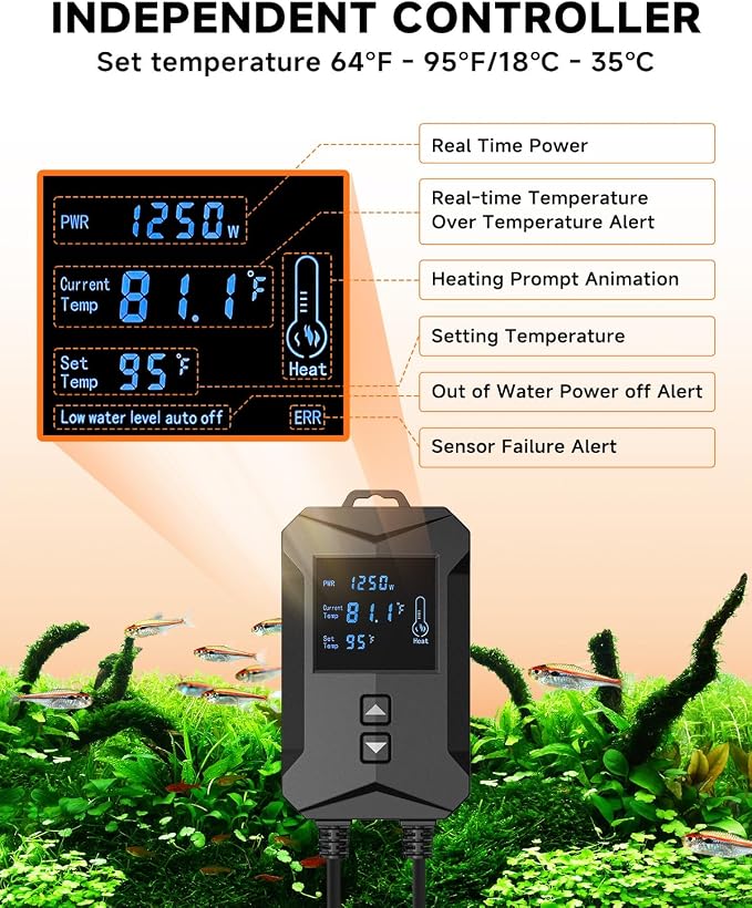 AQQA Aquarium Heater,64-95°F Fast Heating Double Quartz Glass Tube Fish Tank Heater,High-definition LCD Controller Displays Real-time Power,Anti-dry and Over-temperature Protection (1400W 260-380 Gal)