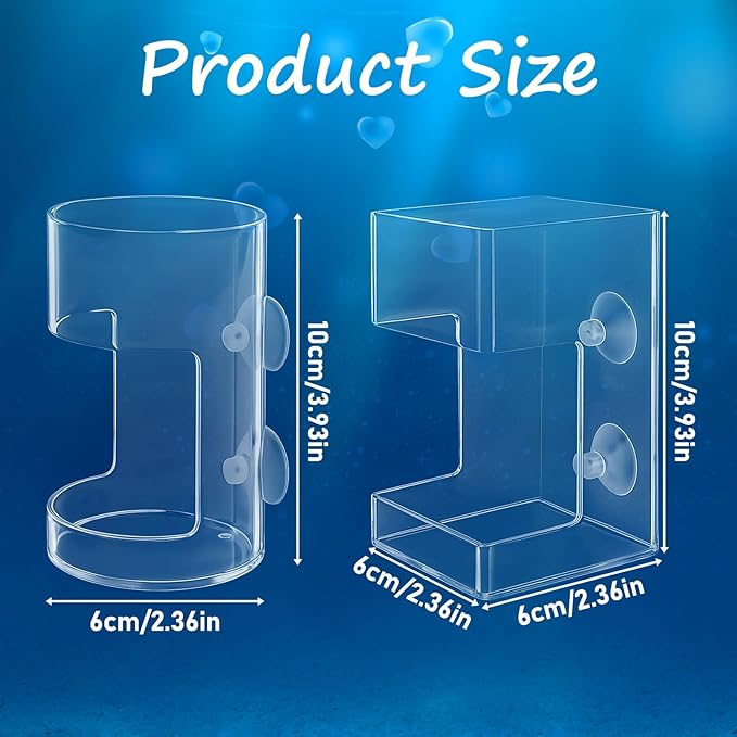 No Mess Aquarium Feeder Fish Tank Dish Tray Acrylic Clear Fishs Tank Feeder with Suction Cup, Round and Square Fishs Food Container Holder Dispenser 2.36x3.93 in for Turtle Shrimp Betta Feeding