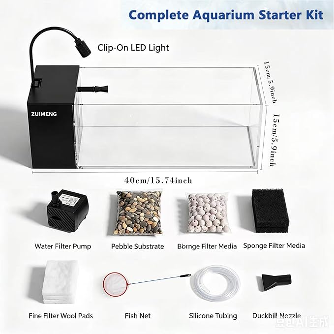 2.7 Gallon Small Fish Tank,PC Material Ultra-Clear Rimless Desktop Aquarium Fish Tank Starter Kit with Side Filtration System & LED Light, for Small Fish, Shrimp or Betta (2.7 Gallon - Black)