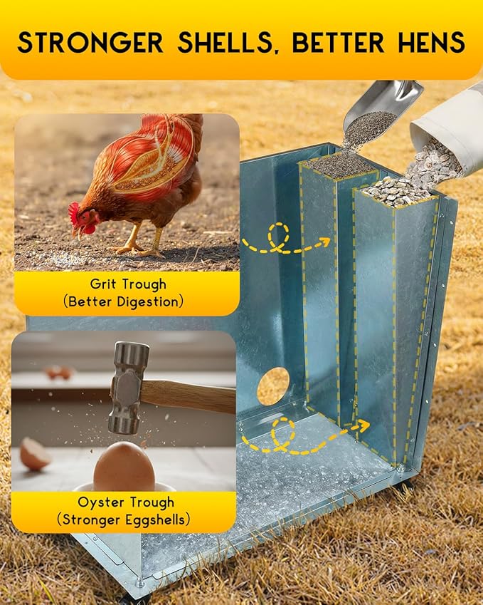 Magicfly 85 lbs Chicken Feeder No Waste, Large Metal Automatic Chicken Feeder Box, 12 Bell-Mouth Feeding Port, with Handle, Grit & Oyster Shell Trough, Chick Feeder on Wheels for Chickens, Ducks