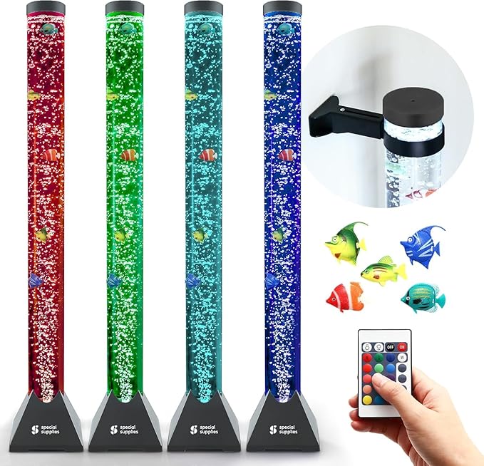 Special Supplies Aquarium Sensory Fish Bubble Light Tube with 16 LED Color Changing Nightlight Effect, Remote Control, and 8 Fishes, Colorful Floor Standing Lamp for Kids and Adults (4 feet)