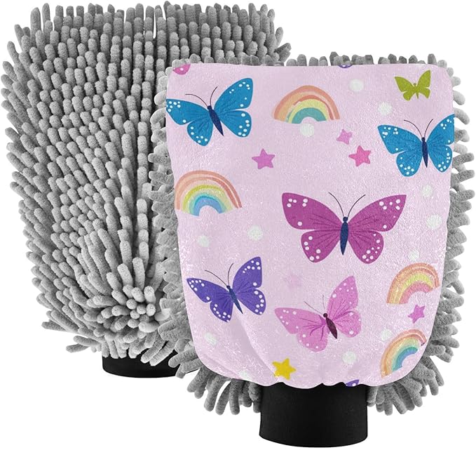 Car Wash Mitt Microfiber Wash Mitts for Car Washing Scratch-Free Cleaning Gloves Soft Non Absorbent Chenille Auto Hand Mitt Large 2Pack Butterflies Rainbows Pink