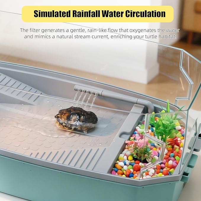 Large Turtle Tank Aquarium Kit with Basking Platform 3-Stage Filter Heating Lamp Anti-Escape Lid Complete Habitat for Aquatic Box Turtles (Green, 25.4×12.2×9.5 Inch)