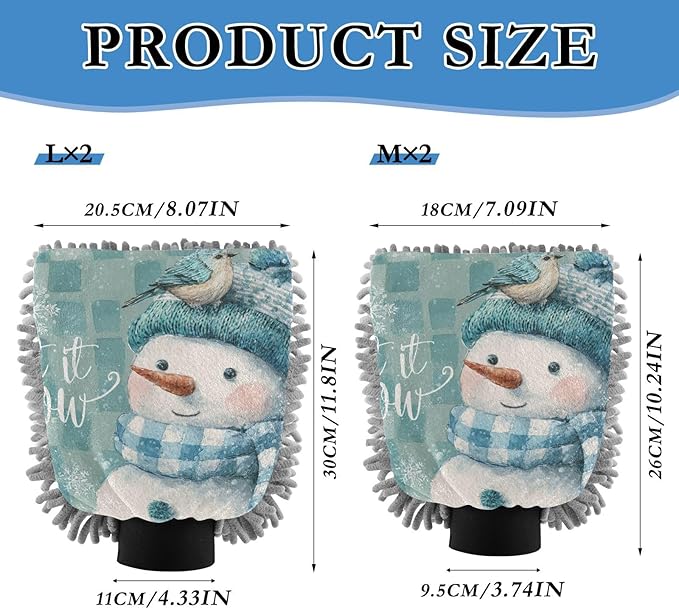 Car Wash Mitt Microfiber Wash Mitts for Car Washing Scratch-Free Cleaning Gloves Soft Non Absorbent Chenille Auto Hand Mitt Medium 2Pack Christmas Snowman Blue White Checkered
