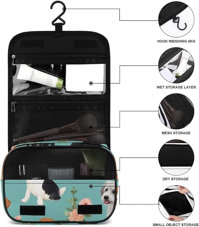 Travel Hanging Toiletry Bag Wash Bag Dogs Flowers Makeup Organizer Cosmetic Case for Bathroom Shower