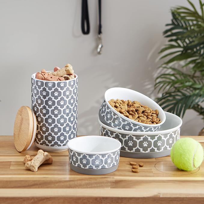 Bone Dry Paw Print Ceramic Pet Bowl, Lattice Collection, Large Set, 7.5x2.4", Gray, 2 Count