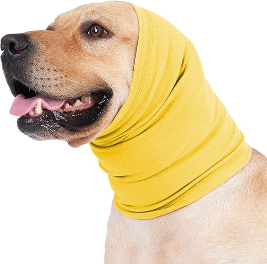 Meifsou Calming Hoodie for Dogs - Stretchy Dog Ear Cover, No Shake Anxiety Head Wrap Quiet Ears, Pet Snoods for Thunder, Lightning, Fireworks, Vet Visits, Grooming, Rabbit Plush Fabric, Yellow S