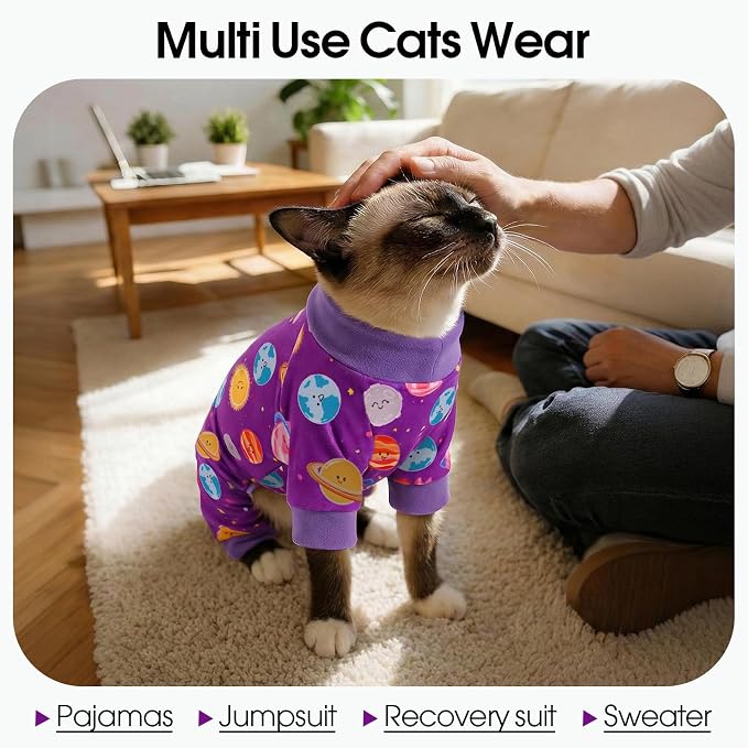 DENTRUN Cat Clothes for Hair Control with Hair Sticky Fabric - Soft Recovery Suit & Breathable Lint-Resistant Cat Sweater for Cats Only, Kitten Onesie Pajamas, M, Purple