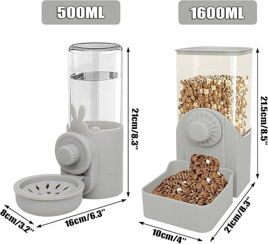 Gray Hanging Automatic Food Water Dispenser,Rabbit Feeder Guinea Pig Water Bottle Food Feeder for Ferret Guinea Pig Rabbit Bunny Cage Accessories,500ml/1600ml