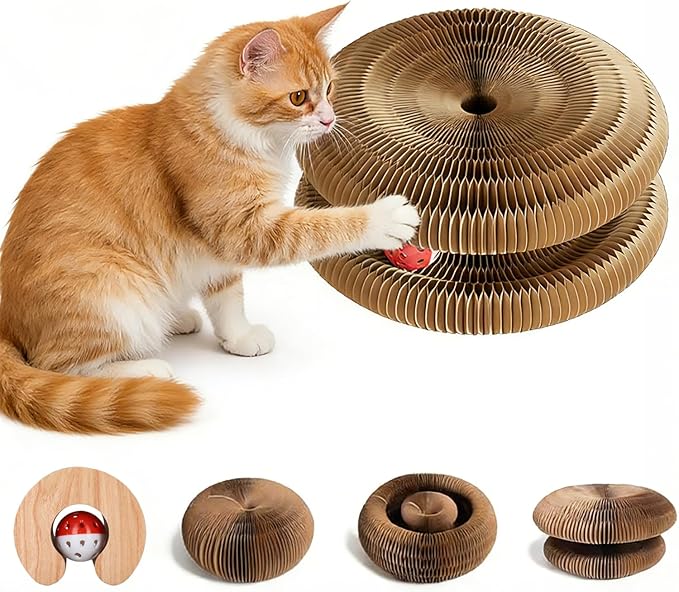 Magic Organ Cat Scratching Board, Interactive Scratch Pad with a Ball, Cat Scratcher for Grinding Claw, Recyclable and Durable, Furniture Protector, Retractable, Brown, Reversible