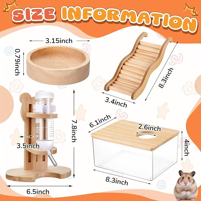 4 Pcs Hamster Cage Accessories Acrylic Sand Bath Box Feeding Bowl Water Bottle Set Hamster Climbing Toy Wooden Ladder Bridge Set for Rat Mice Small Animals Habitat(Rectangle)