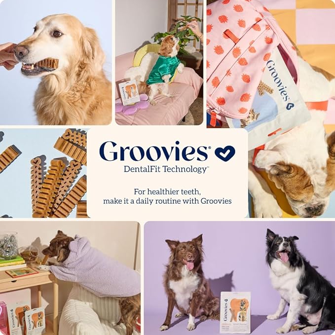 Groovies Flexible, Built to Last Dog Dental Chews, Contact-Cleaning Design Supporting Tartar Control & Fresh Breath, Oral Care Treats, USA Manufactured, Patented DentalFit Tech, XLarge Dogs, 18 Chews