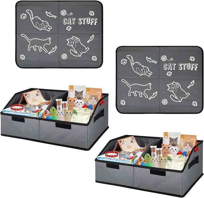 Sturdy MDF Cat Toy Box Storage with Lid, 19" Collapsible Cat Toy Bin with Handle, 600D Fabric Cute Pet Storage Basket Organizers for Pet Toys, Treats Clothes and Accessories - Grey (2 Pack)