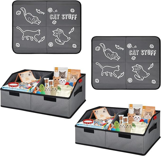 Sturdy MDF Cat Toy Box Storage with Lid, 19" Collapsible Cat Toy Bin with Handle, 600D Fabric Cute Pet Storage Basket Organizers for Pet Toys, Treats Clothes and Accessories - Grey (2 Pack)