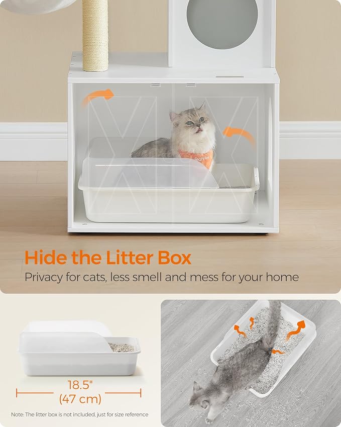 Feandrea Cat Tree with Litter Box Enclosure, 59-Inch Modern Cat Tower, 2-in-1 Condo with Scratching Posts, Washable Removable Cushion, Cloud White UPCT113W01