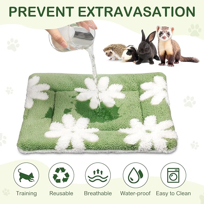 Haull 4 Pcs Waterproof Guinea Pig Bedding Guinea Pig Bed Plush Cage Liners Soft Rabbit Dog Crate Pad Cat Mat Reversible Cozy Animal Pee Pad Hamster Bunny Mat Accessory (White Flowes,13 x 10 Inch)