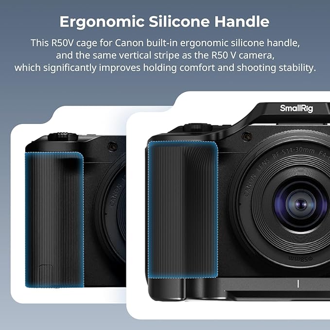 SmallRig R50 V Camera Cage for Canon R50V, Built-in Ergonomic Silicone Grip, QR Plate for Arca, 1/4"-20 Threaded Hole, 3/8"-16 Holes for ARRI, Cold Shoe, QD Sockets, Vertical Shooting(Black)-5427