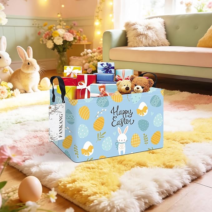 Storage Bins,Nursery Hamper Canvas Laundry Basket Foldable with Waterproof PE Coating Storage Baskets for Boys and Girls, Office, Bedroom, Clothes,Toys(Rec-Easter eggs ）
