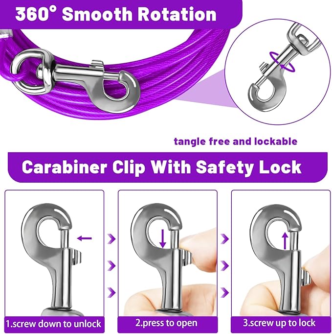 Dog Tie Out Cable 30 FT Purple Steel Wire Dog Cable with Durable Superior Clips for Large Dogs Up to 165 lbs
