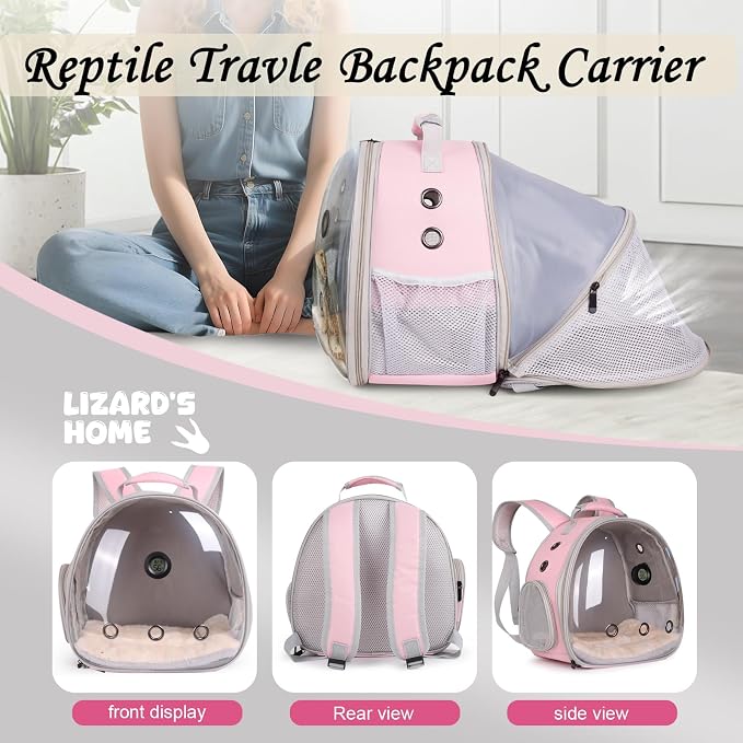 Bearded Dragon Travel Backpack Carrier with Reptile Thermometer and Humidity Gauge Lizard Travel Cage Space Capsule Clear Bubble Window Astronaut Reptile Bag for Ball Python (Pink, BE Backpack)