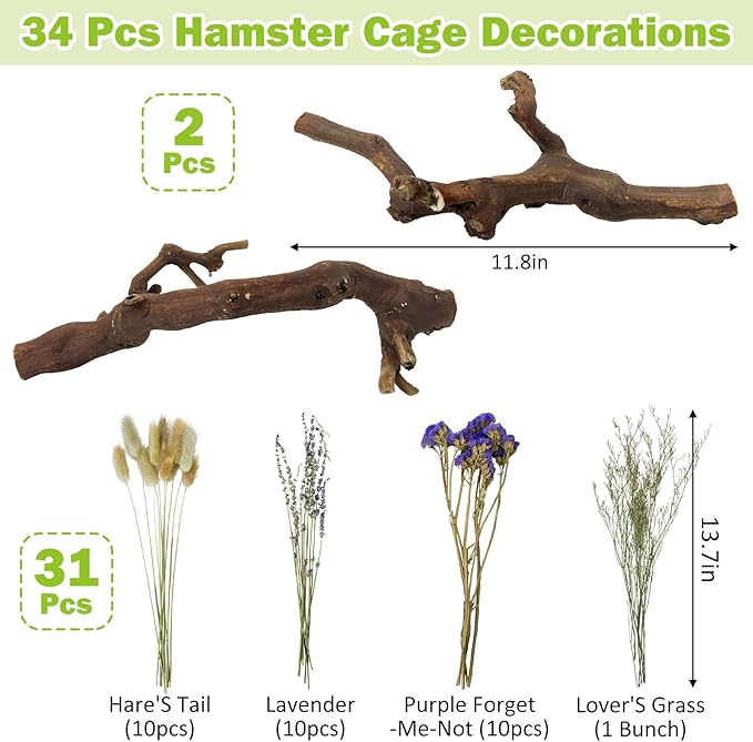 2Pcs Hamster Climbing Branches Decor 11.8in Rat Tree Logs Toy Wooden Gerbil Habitat Ornament Small Animal Cage Accessories with 31Pcs Natural Flower Hamster Mate Herbs