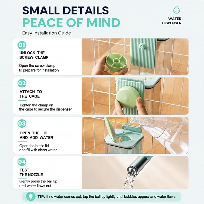 47OZ No-Drip Small Animal Water Bottle, Large Capacity Leakproof Hanging Pet Water Dispenser for Cage Crate, Water Feeder for Guinea Pig, Hamster, Rabbit, Ferret, Chinchilla (Green)