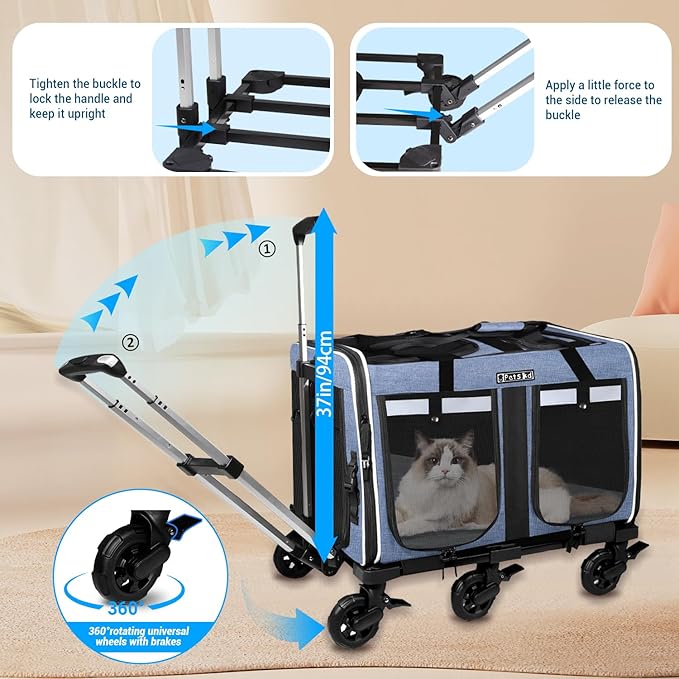 Petskd Extra Large Double Pet Carrier with Wheels for 2 Cats or a Medium Dog, 24" X 17" X 15" Soft-Sided Rolling Cat Carrier for Vet, Car Travel, and Home Use, Support up to 40 Lbs, Blue