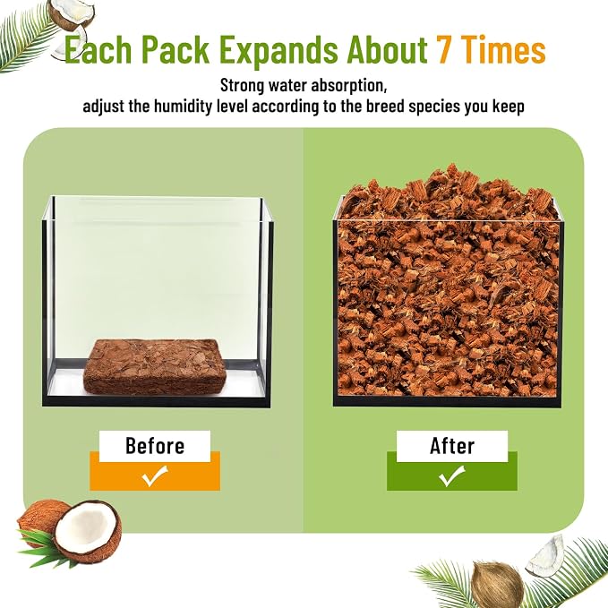 Riare 2 Pack Natural Coconut Chip Substrate for Reptiles- Compressed Coconut Husk Reptiles Bedding, Coco Husk Chip Terrarium Substrate for Snakes, Tortoises, Ball Python, Frogs, Bearded Dragon, Lizard