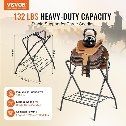 VEVOR Folding Saddle Rack, 2 Packs Freestanding Horse Saddle Stand, Portable Horse Blanket Holder, Heavy Duty Steel Saddle Rack for English & Western Saddles, Tack Storage, 28 x 19 x 37.5 in, Black