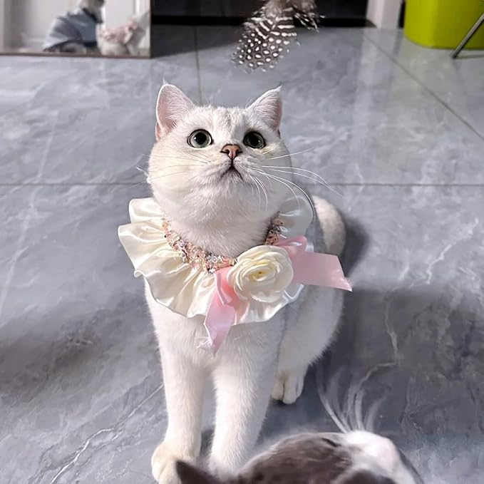 Elegant Lace Cat Collar with Cute Bow,Cat Collar with Bow Tie,Pet Lace Bib Collar with Cute Bow,Cat Princess Costumes,Pink,1 Piece ﻿