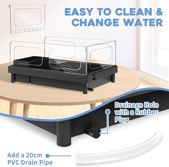MoonOrange Small Turtle Tank, Aquarium, Acrylic Terrarium with Basking Platform, Bottom Drainage, Multi-Function Areas for Turtles, Crabs, Crayfish, Reptiles (Black+Filter)