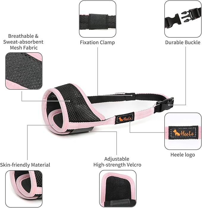 HEELE Dog Muzzle,Soft Nylon Muzzle Anti Biting Barking Chewing,Air Mesh Breathable Drinkable Adjustable Loop Pets Muzzle for Small Medium Large Dogs 4 Colors 4 Sizes (Pink, S)