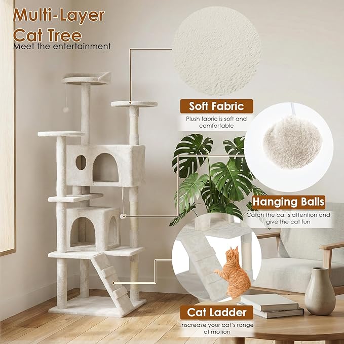 PayLessHere Cat Tree 62in Cat Tower with Cat Scratching Post,Multi-Level Cat Condo Stand House Furniture Kitty Activity Center with Furry Ball Toys Cat Tree for Indoor Cats,Beige