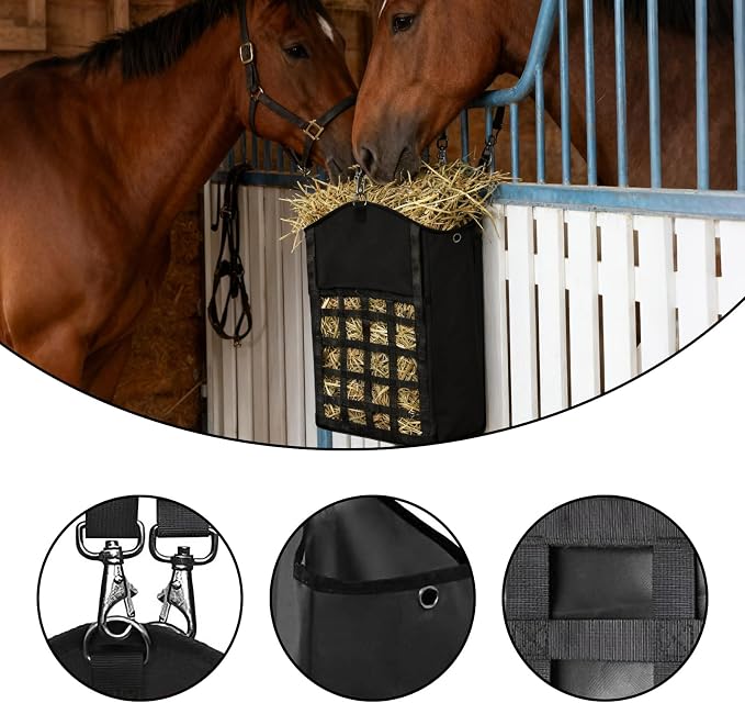 2 Pack Hay Bags for Horses,Goats,Sheep, Horse Hay Nets with Adjustable Straps, Large Top Opening Hook-and-Loop Seals, Durable Hay Feeder for Equine & Livestock