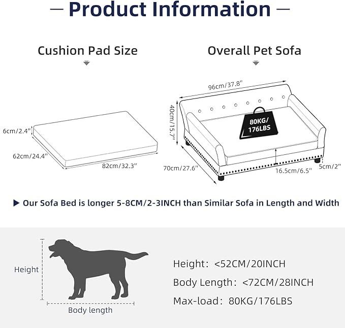 BingoPaw Large Dog Sofa Couch: Modern Dog Couch Made by Deluxe Tufted Velvet - Indoor Elevated Doggy Sofa with Removable Cover Clearance for Pets Up to 80lbs