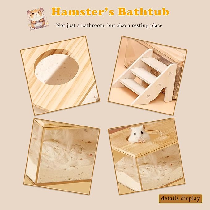 Transparent Hamster Sand Bath Box with Ladder Acrylic Dust Bath Digging Box and Hideout Clear Small Pet Bathroom for Hamsters Gerbils