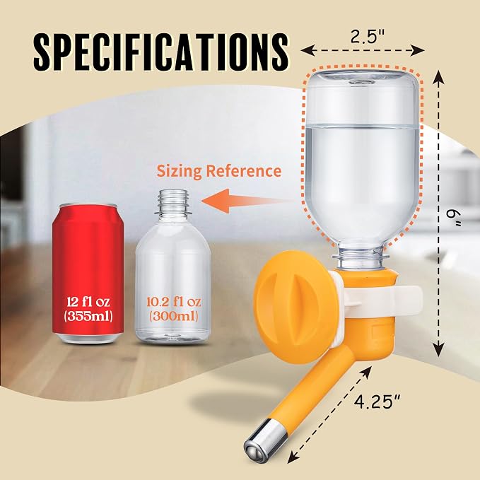 Choco Nose Patented No-Drip Dog Water Bottle/Feeder for Dogs/Cats and Other Small-Medium Sized Animals - for Cages, Crates or Wall Mount. 10.2 Oz. Mess Free Leak-Proof Nozzle 16mm, Orange (C590)