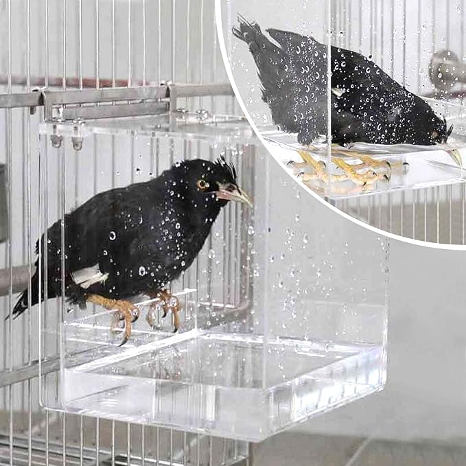 GURECOD Hanging Bird Bath Cube Bird Bathtub Bath Shower Box Bowl Cage Accessory for Little Bird Canary Budgerigar Parrots Crested Myna Cockatiel Lovebird Parakeet Bath (Large)