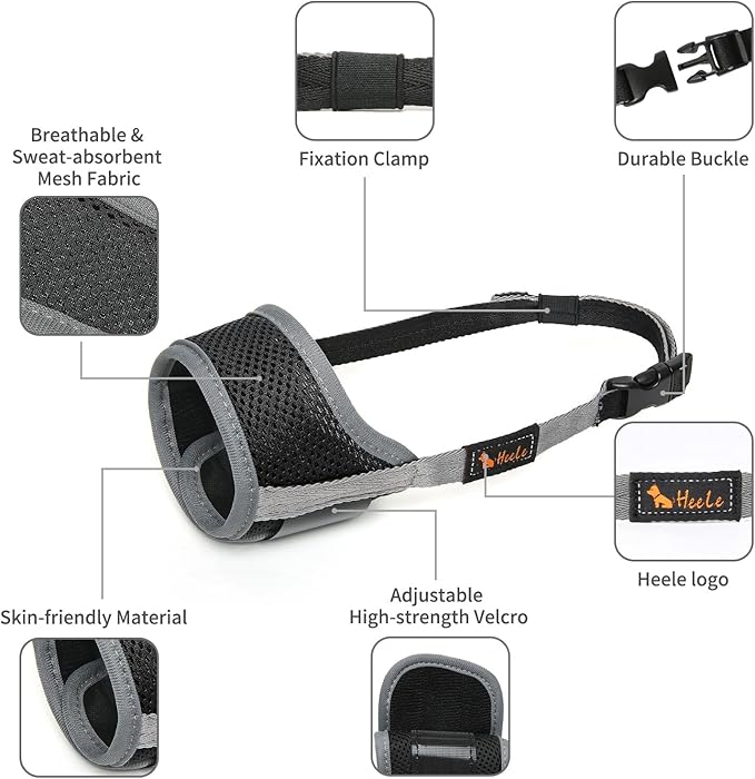 HEELE Dog Muzzle,Soft Nylon Muzzle Anti Biting Barking Chewing,Air Mesh Breathable Drinkable Adjustable Loop Pets Muzzle for Small Medium Large Dogs 4 Colors 4 Sizes (Gray, L)