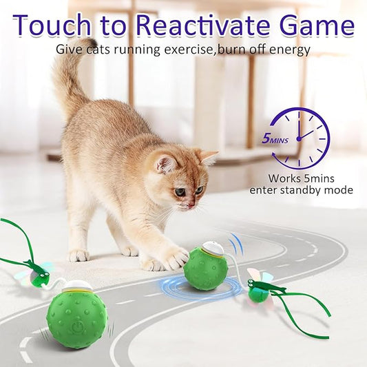 Waaiio Interactive Cat Ball Toy, Fast Moving Cat Toys for Indoor Cats-with Dragonfly & Feather Tails,Automatic Motion Activated, Realistic Squeak Sound for Exercise Stimulation (Green)