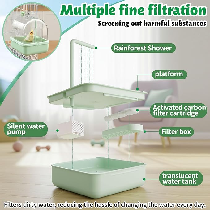Maxdot Automatic Bird Baths for Cage Parakeet Bath with Pump Indoor Parrot Bathtub with Shower Running Water, Motion Sensor, Filter for Pet Birds Budgies Lovebirds Finches Cockatiels Cockatoos, Green