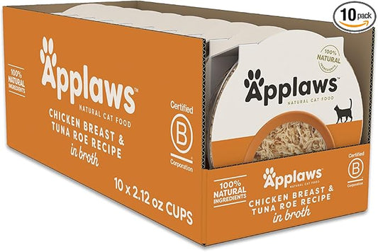 Applaws Natural Wet Cat Food in Broth, Limited and Natural Ingredients, High Protein with No Artificial Additives, Chicken Breast & Tuna in Broth (10 x 2.12 oz Easy-Open Cups)