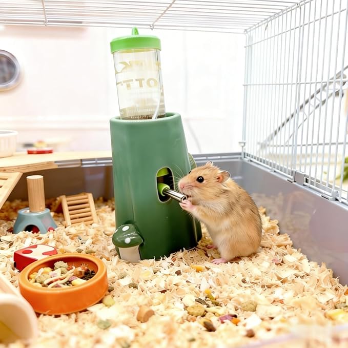 Hamster Water Bottle Adjustable Ceramic Hamster Water Dispenser No Drip Feeder with Food Bowl for Mice Rats Hedgehog Chinchilla Gerbil