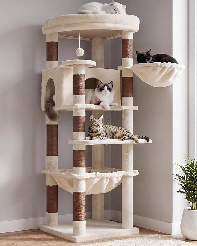 Heybly Cat Tree, 53.1-Inch Corner Stable Cat Tower for Large Indoor Cats, Well-Structured Interactive Cat Condo with Fan-Shaped Top Perch, Cozy Condo, Sturdy Base, Basket & Hammock, Beige HCT029MJ