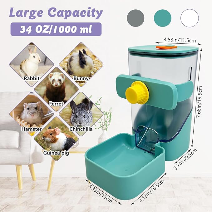 34oz Automatic Rabbit Food Dispenser for Cage Hanging Guinea Pig Feeder No Drip Bunny Food Bowl for Ferret Rat Hamster Chinchilla and Other Small Animals (Green)
