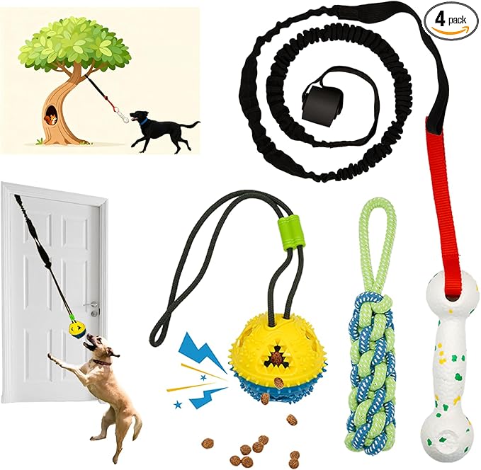Interactive Dog Bungee Tug Toy, 4 Pieces Hanging Spring Pole for Puppy/Small/Medium Dogs, Outdoor Tether Rope for Yard Tree, Indoor Door Pull Toy for Self Play and Solo Exercise